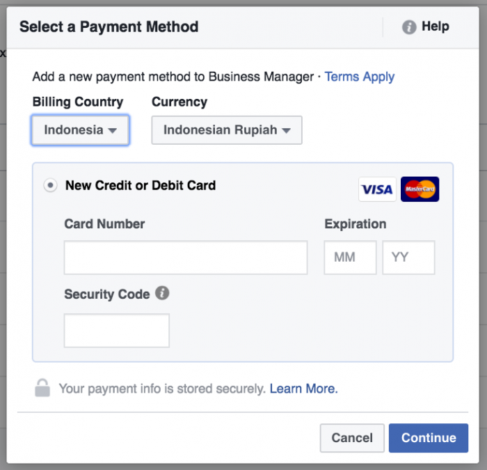 memasukkan metode pembayaran akun facebook ads