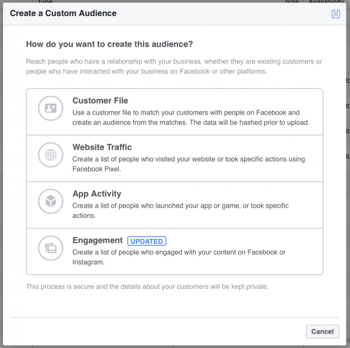 pilihan cara custom audience facebook ads